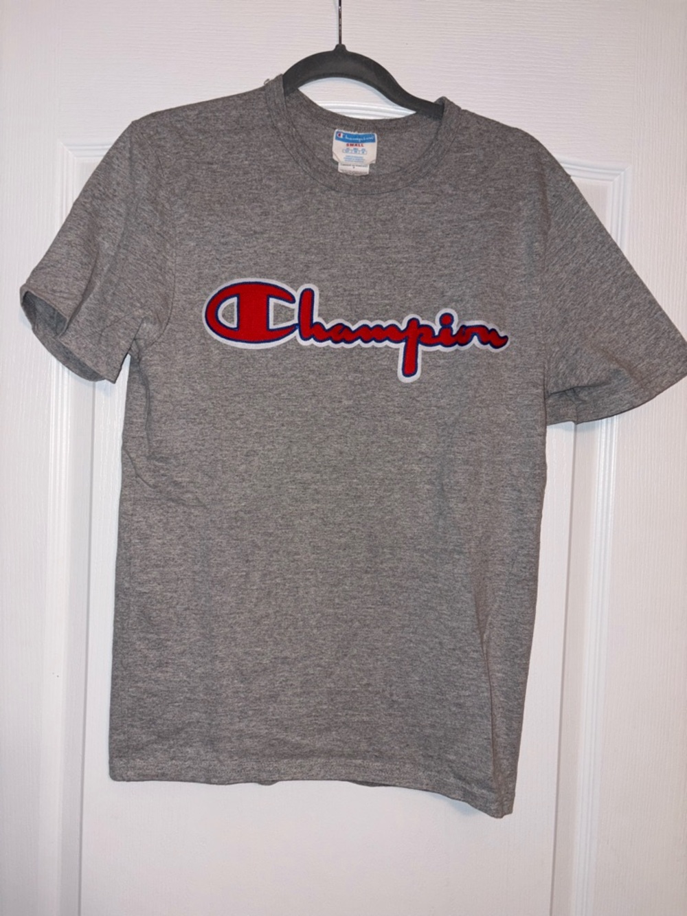 Champion Gray Crewneck Tee with Red & Blue Logo Tag